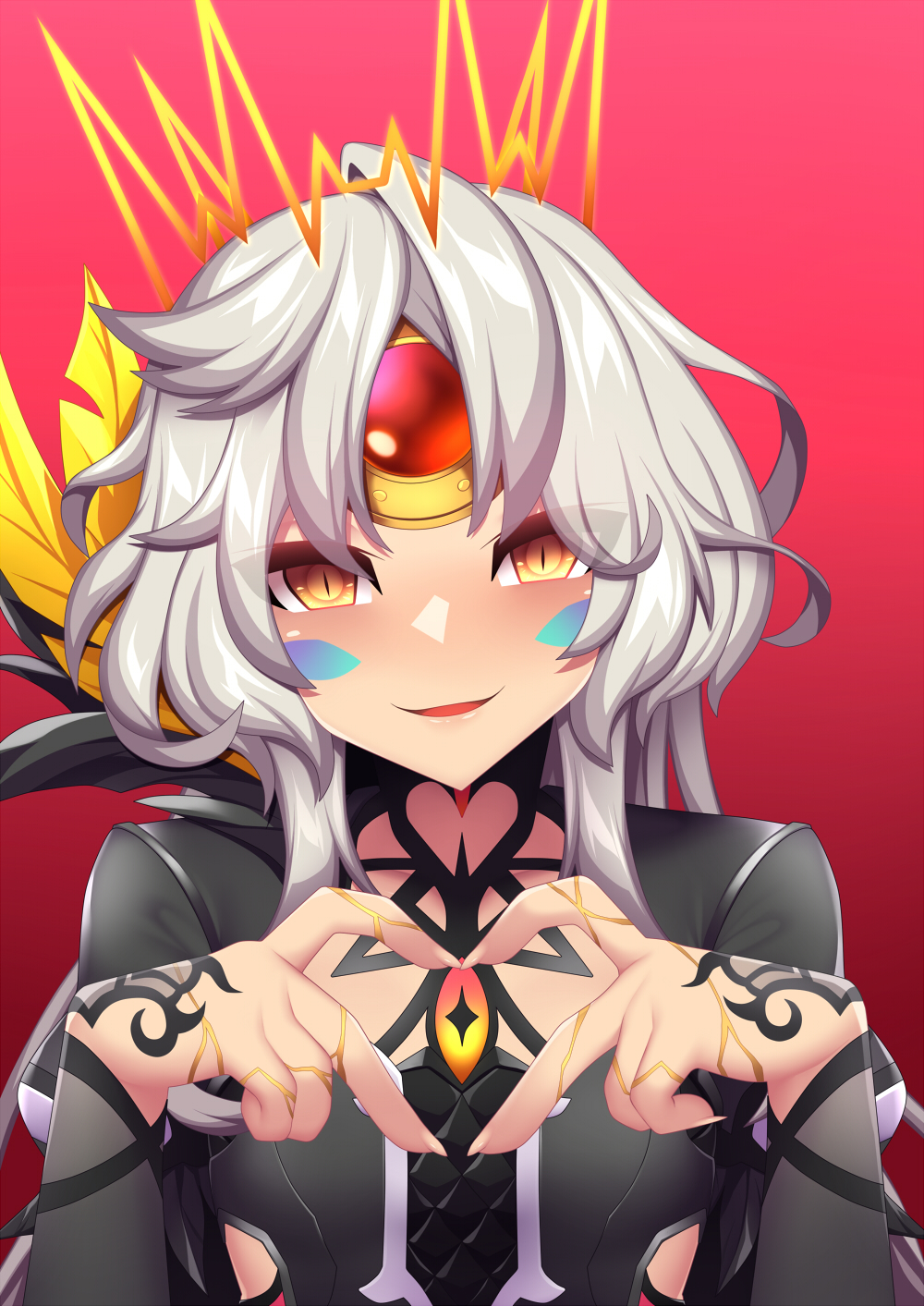 1girl android black_dress code:_antithese_(elsword) cracked_skin crown dark_persona double_finger_heart dress elsword eve_(elsword) evil_grin evil_smile eyes_visible_through_hair facial_mark feather-trimmed_sleeves feathers fi-san finger_heart fingernails forehead_jewel grey_hair grin highres juliet_sleeves long_sleeves looking_at_viewer machine parted_lips puffy_sleeves sharp_fingernails slit_pupils smile solo yellow_eyes