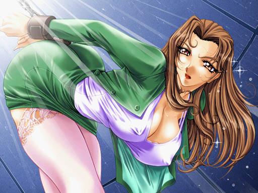 1girl arms_behind_back bdsm bondage bound breasts brown_hair chain cuffs female_focus ingoku_no_gakuen large_breasts solo