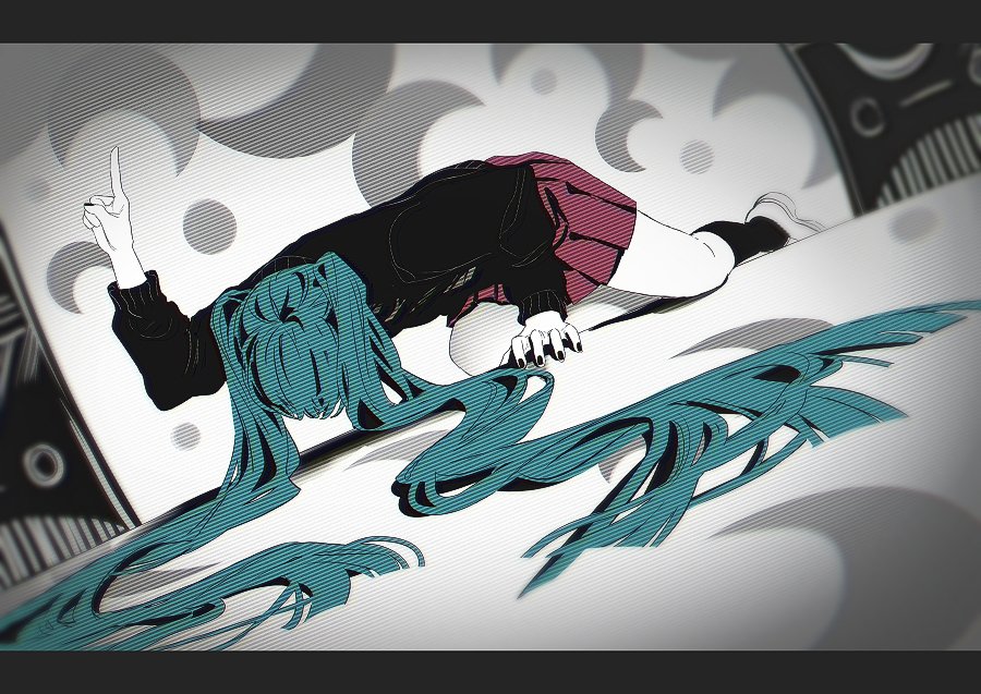 1girl all_fours aqua_hair arm_support black_cardigan black_nails black_socks cardigan commentary crawling crescent_print daenarys english_commentary fingernails flat_color hand_up hatsune_miku index_finger_raised kneehighs letterboxed long_hair long_sleeves miniskirt nail_polish on_floor pleated_skirt red_skirt rolling_girl_(vocaloid) school_uniform skirt socks solo speaker twintails very_long_hair vignetting vocaloid white_footwear