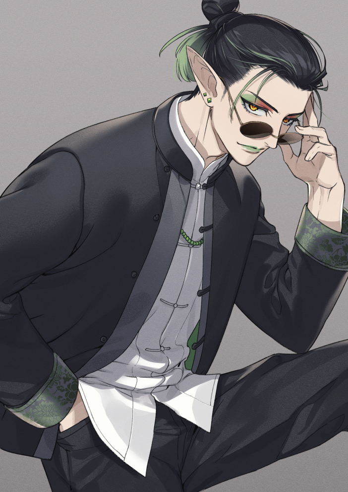 1boy black_hair black_jacket black_pants buttons chinese_clothes closed_mouth commentary_request earrings expressionless eyeshadow forehead gradient_hair green_eyeshadow green_hair green_lips grey_background hair_bun hanabatake_chaika hand_in_pocket hand_up jacket jewelry leg_up long_sleeves looking_at_viewer makeup male_focus mandarin_collar multicolored_eyeshadow multicolored_hair nijisanji open_clothes open_jacket pants pointy_ears red_eyeshadow round_eyewear shippaiderman shirt short_hair simple_background single_hair_bun solo stud_earrings sunglasses virtual_youtuber white_shirt yellow_eyes