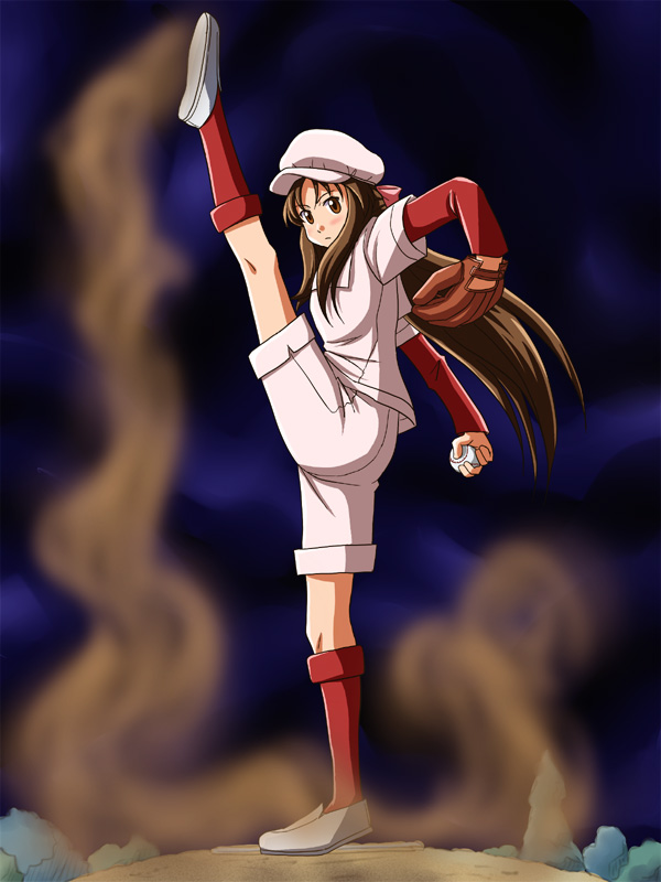 1girl baseball baseball_glove baseball_uniform dust female_focus hat kneepits kyojin_no_hoshi leg_up lielos ogasawara_akiko parody pitching pitching_mound solo sportswear taishou_yakyuu_musume