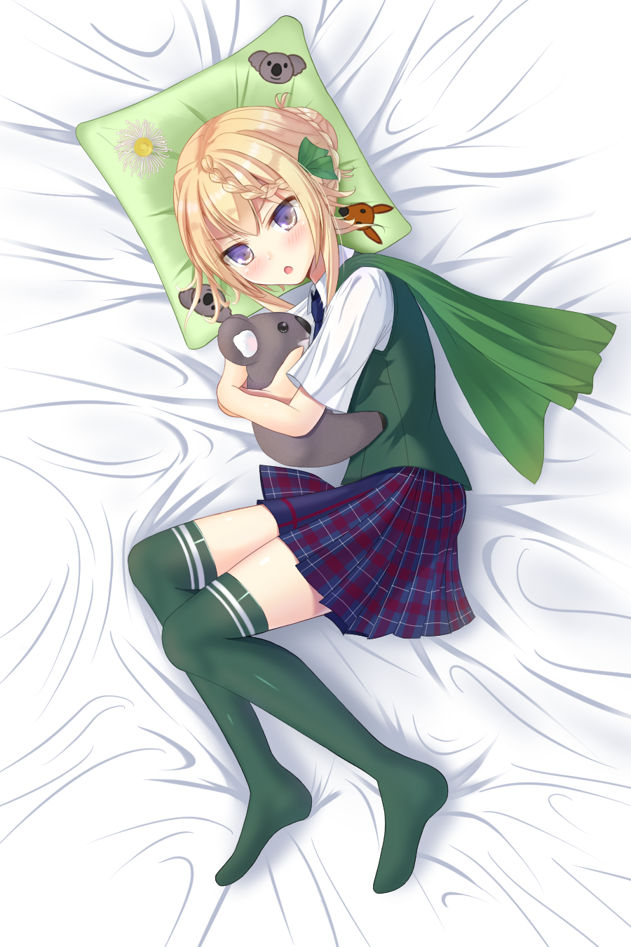 1girl 1other bed blonde_hair blue_neckwear blue_skirt braid braided_bangs braided_bun cape commentary_request dress_shirt from_above green_cape green_thighhighs green_vest hair_bun highres kangaroo kantai_collection koala lying necktie on_side perth_(kancolle) pillow plaid_clothes plaid_skirt pleated_skirt school_uniform sei_kousen shirt short_hair short_sleeves skirt thighhighs vest white_shirt