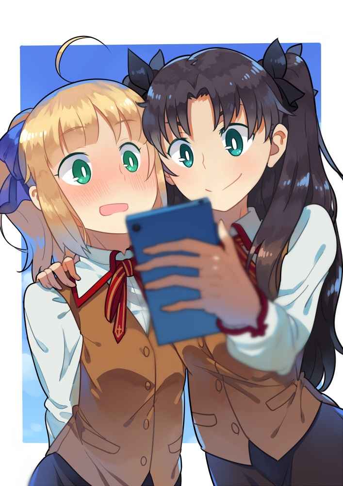 2girls ahoge alternate_costume aqua_eyes artoria_pendragon_(all) artoria_pendragon_(fate) black_hair blonde_hair blue_eyes blunt_bangs blush bow bowtie cellphone fate/stay_night fate_(series) female_focus green_eyes hair_ribbon homurabara_academy_school_uniform long_hair luo. multiple_girls open_mouth phone ponytail ribbon saber_(fate) school_uniform selfie short_hair shy smartphone smile tohsaka_rin two_side_up