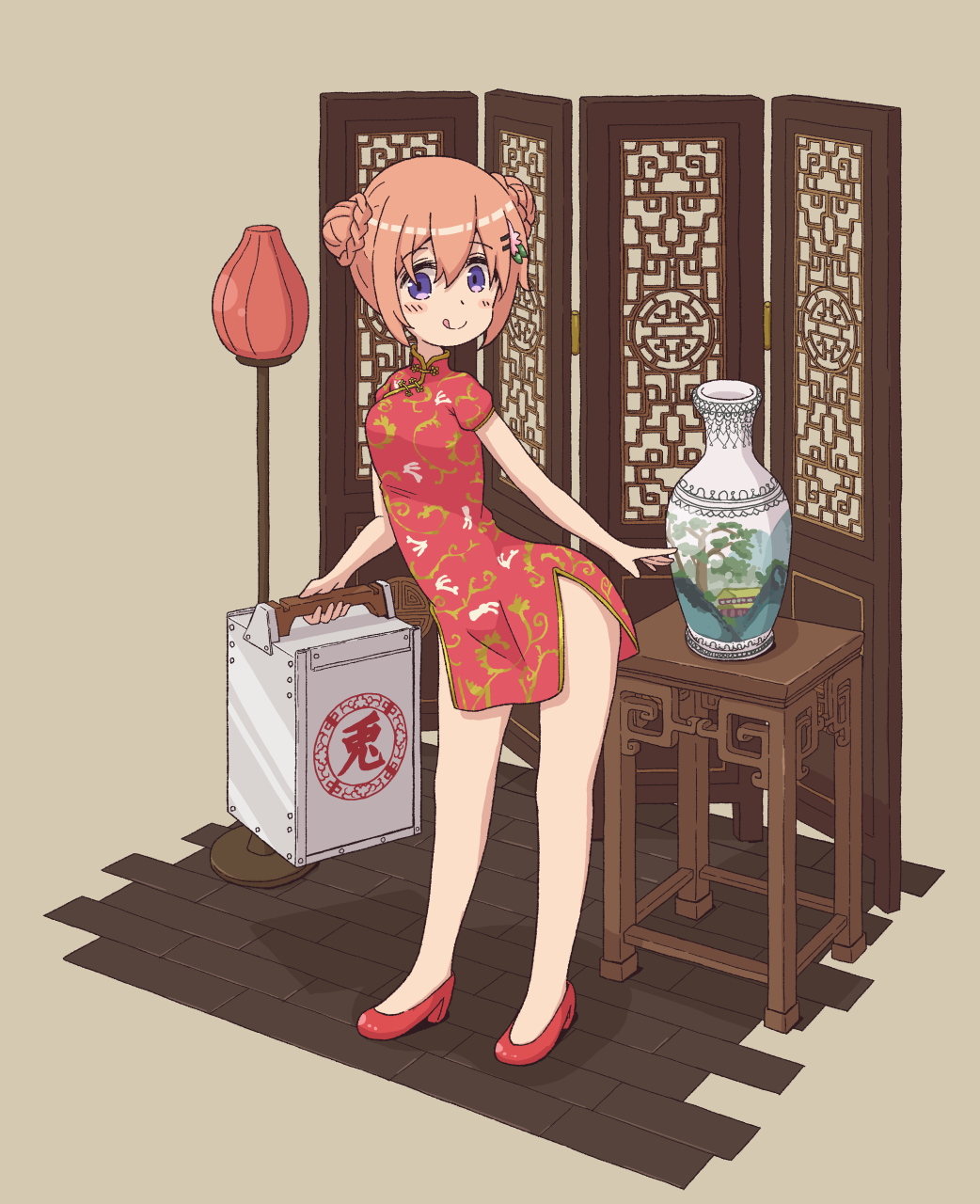 1girl :p china_dress chinese_clothes double_bun dress gochuumon_wa_usagi_desu_ka? hair_bun highres holding hoto_cocoa lamp light_brown_hair mohei purple_eyes red_dress red_footwear room_divider shoes solo table tongue tongue_out vase wooden_floor