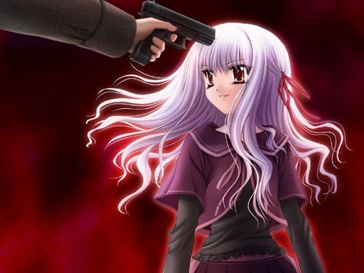 1girl gore_screaming_show gun purple_hair red_eyes ribbon solo_focus weapon yuka yuka_(gore_screaming_show)