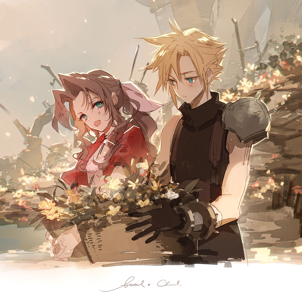 1boy 1girl aerith_gainsborough armor belt blonde_hair blue_eyes blush braid brown_hair choker cloud_strife couple curly_hair dress earrings fang final_fantasy final_fantasy_vii final_fantasy_vii_remake flower flower_basket gainsborough_house gloves green_eyes hetero jacket jewelry kieta materia necklace open_mouth pink_dress red_jacket ribbon shoulder_armor spiked_hair square_enix suspenders turtleneck yellow_flower