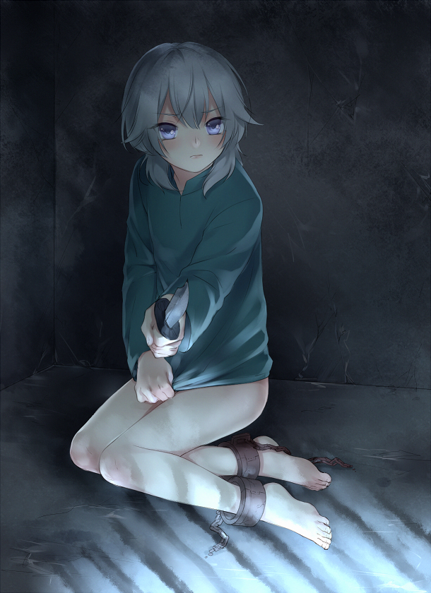 10s 1boy aged_down bad_id bad_pixiv_id barefoot blush chain child covering_privates cuffs kakumeiki_valvrave knife l-elf male_focus prisoner purple_eyes shackles short_hair silver_hair sitting solo tsumuji_(potato_chip) weapon