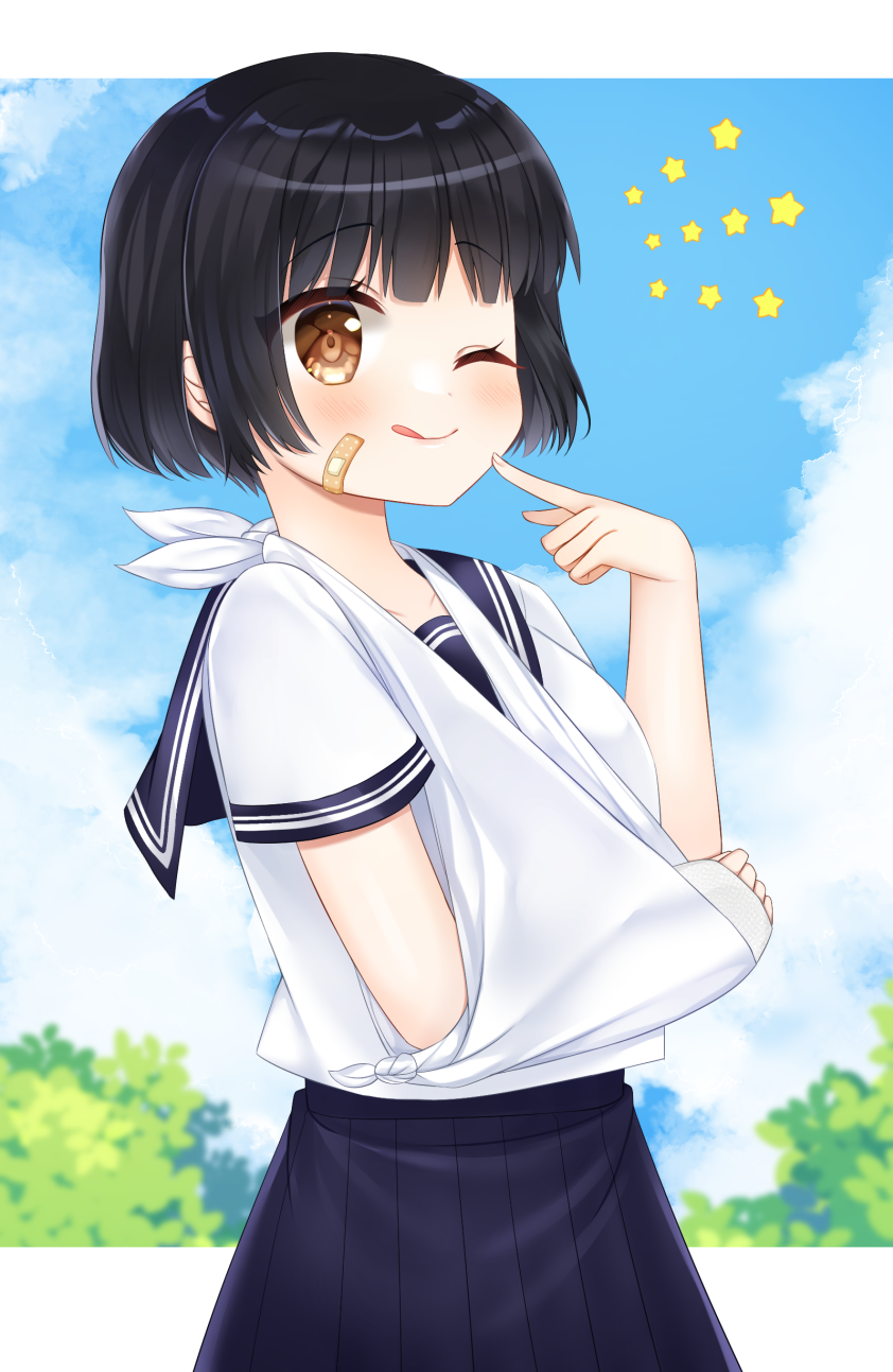 1girl ;q arm_sling bandaid bandaid_on_cheek bandaid_on_face black_hair black_sailor_collar black_skirt blue_sky blush breasts brown_eyes closed_mouth cloud commission copyright_request day finger_to_face highres looking_at_viewer medium_breasts one_eye_closed pleated_skirt sailor_collar school_uniform serafuku shikito_(yawa0w0) shirt short_hair short_sleeves skeb_commission skirt sky smile solo star_(symbol) tongue tongue_out white_shirt