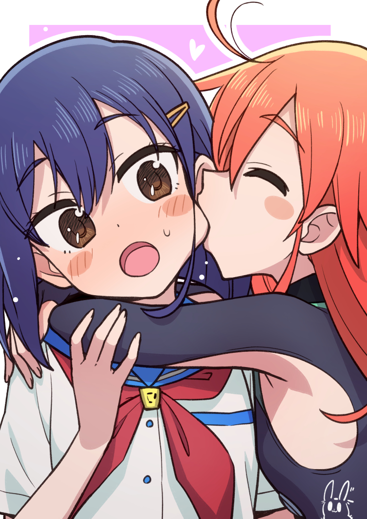 2girls antenna_hair armpit_cutout arms_around_neck black_bodysuit blue_hair blue_sailor_collar blush blush_stickers bodysuit brown_eyes closed_eyes clothing_cutout commentary_request flip_flappers hair_between_eyes hair_ornament hairclip hand_up heart heebee hug kiss kissing_cheek kokomine_cocona long_hair multiple_girls neckerchief open_mouth orange_hair outline papika_(flip_flappers) red_neckerchief sailor_collar school_uniform serafuku shirt short_hair signature upper_body white_neckerchief white_outline white_shirt yuri