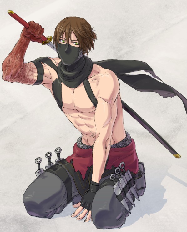 1boy abs boots brown_hair dagger dead_or_alive gloves green_eyes kneeling knife male_focus mask muscular ninja_gaiden nipples pants pectorals ryu_hayabusa scarf topless_male simple_background solo sword weapon