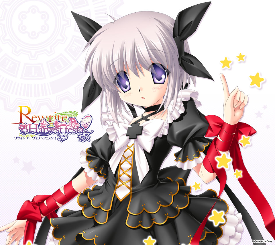 10s 1girl arm_ribbon black_dress choker criss-cross_halter cross dress female_focus hair_ornament hair_ribbon halterneck hinoue_itaru index_finger_raised kagari kagari_(rewrite) looking_at_viewer magical_girl official_art open_mouth puffy_sleeves purple_eyes red_ribbon rewrite ribbon short_hair short_sleeves solo star_(symbol) white_hair