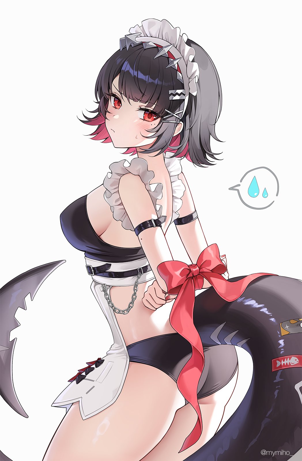 1girl apron arm_strap arms_behind_back ass bare_shoulders bikini black_hair bound bound_arms breasts chain colored_inner_hair commentary cowboy_shot ellen_joe fins fish_tail highres large_breasts looking_at_viewer maid maid_bikini maid_headdress miho_(mymiho) mole mole_under_eye multicolored_hair red_eyes red_hair red_ribbon ribbon shark_tail short_hair simple_background solo spoken_sweatdrop standing sweatdrop swimsuit tail thighs unconventional_maid white_apron white_background zenless_zone_zero