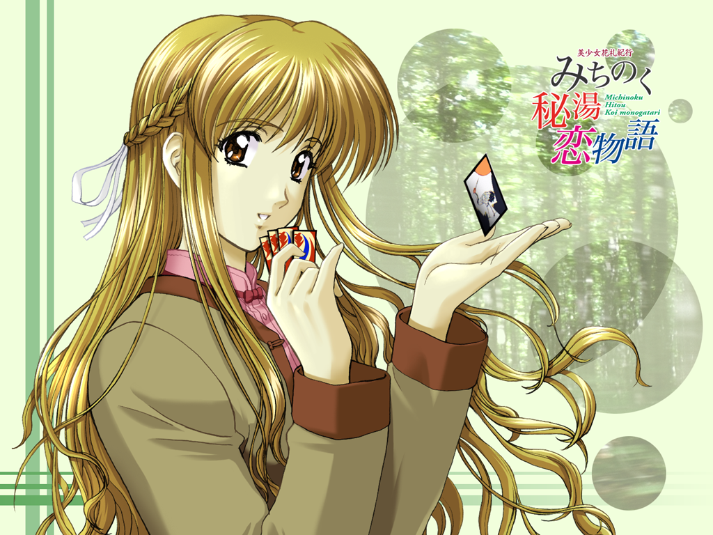 1girl blonde_hair bow braid brown_hair brown_jacket brown_sleeve_cuffs buttons card circle closed_mouth collar collared_shirt copyright_name dress_shirt english_text floating floating_object forest full_on_games green_background hair_ribbon half_up_braid hanafuda high_collar holding holding_card jacket logo long_hair long_sidelocks michinoku_hito_koi_monogatari nature non-web_source official_art official_wallpaper open_clothes open_hand open_jacket photo_background pink_collar pink_shirt playing_card red_bow ribbon sato_tokiko shirt sidelocks simple_background sleeve_cuffs striped_background teeth upper_body wavy_hair white_ribbon wispy_bangs