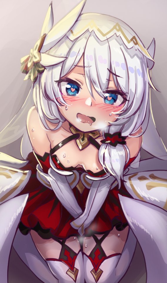 1girl :d bad_id bad_pixiv_id bare_shoulders blue_eyes blush breasts detached_sleeves dress heart heart-shaped_pupils heavy_breathing honkai_(series) honkai_impact_3rd implied_masturbation long_hair looking_at_viewer myurumyuru open_mouth side_ponytail sitting small_breasts smile solo sweat symbol-shaped_pupils theresa_apocalypse theresa_apocalypse_(celestial_hymn) thighhighs veil wariza white_dress white_hair white_sleeves white_thighhighs