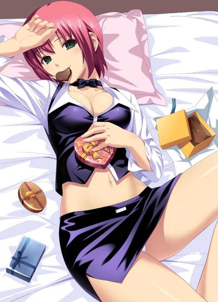 1girl bed breasts chocolate cleavage croupier female_focus koutaro large_breasts legs long_legs lying miniskirt panties pantyshot pencil_skirt red_hair rio_rollins skirt solo super_blackjack thighs underwear upskirt