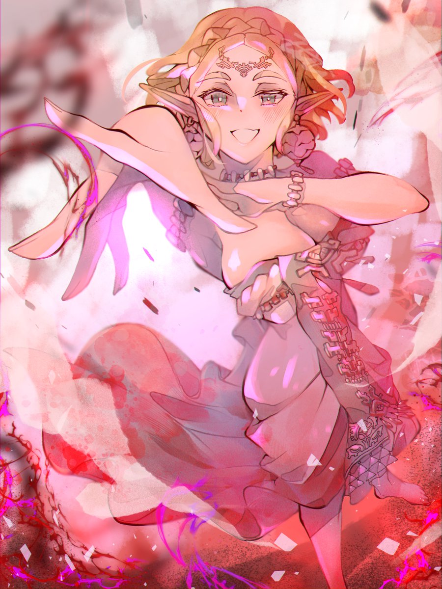 1girl armpits bare_shoulders barefoot blush bracelet braid breasts choker cleavage crown_braid dress earrings eggplant24h highres jewelry large_breasts long_dress looking_at_viewer nintendo outstretched_arm parted_bangs parted_lips pointy_ears princess_zelda short_hair sidelocks smile solo strapless strapless_dress teeth the_legend_of_zelda the_legend_of_zelda:_tears_of_the_kingdom thick_eyebrows tiara