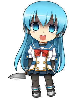 1girl acquire black_pantyhose blue_eyes blue_hair chibi empty_eyes female_focus full_body headset ken_to_mahou_to_gakuen_mono knife looking_at_viewer lowres matching_hair/eyes official_art pantyhose school_uniform serafuku shin_ken_to_mahou_to_gakuen_mono simple_background skirt smile solo white_background yandere