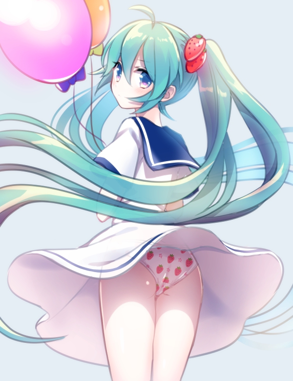 1girl ahoge akiyoshi_(tama-pete) aqua_eyes aqua_hair ass balloon blue_eyes blue_hair blue_sailor_collar blush closed_mouth commentary dress food food-themed_hair_ornament food_print from_behind fruit grey_background hair_between_eyes hair_ornament hatsune_miku holding holding_balloon long_hair looking_at_viewer looking_back panties print_panties sailor_collar short_sleeves simple_background solo standing strawberry strawberry_hair_ornament strawberry_panties strawberry_print twintails underwear very_long_hair vocaloid white_dress wind