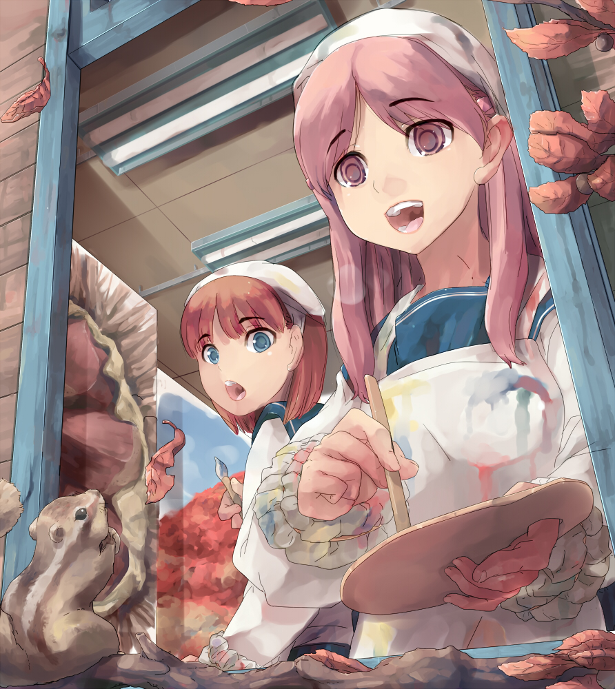 2girls animal art_brush autumn blue_eyes brown_eyes brown_hair knucklecurve leaf long_hair multiple_girls original paintbrush painting_(action) palette_(object) school_uniform serafuku squirrel teeth window