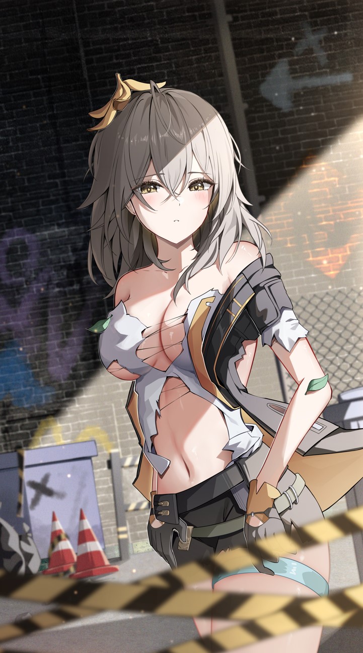 1girl banana_peel bare_shoulders blush brick_wall cowboy_shot gloves grey_eyes grey_gloves grey_hair grey_shirt grey_skirt highres honkai:_star_rail honkai_(series) long_hair looking_at_viewer miniskirt navel off_shoulder shirt skirt solo standing stelle_(honkai:_star_rail) stomach thighs torn_clothes torn_shirt traffic_cone trailblazer_(honkai:_star_rail) yeni1871