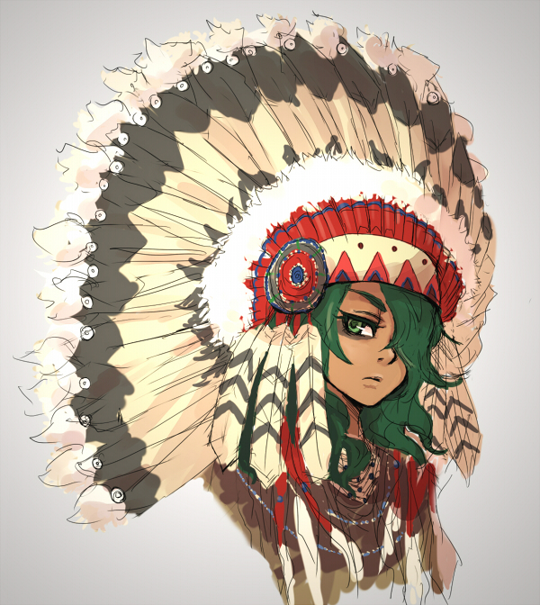 1boy bjorn_kyle green_eyes green_hair hair_over_one_eye headdress inazuma_eleven inazuma_eleven_(series) long_hair male_focus matching_hair/eyes mikakuin_seibutsu native_american_headdress portrait simple_background sketch solo upper_body