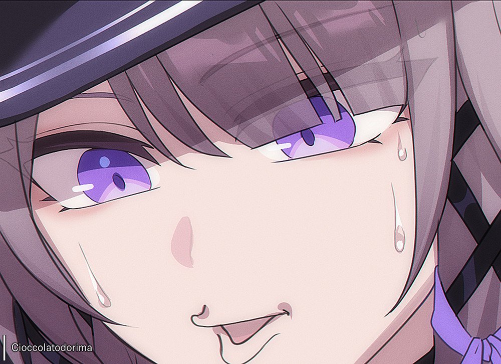 1girl cioccolatodorima close-up commentary grey_hair herta_(honkai:_star_rail) honkai:_star_rail honkai_(series) open_mouth parody purple_eyes smile solo spongebob_squarepants_(series) sweat the_herta_(honkai:_star_rail)