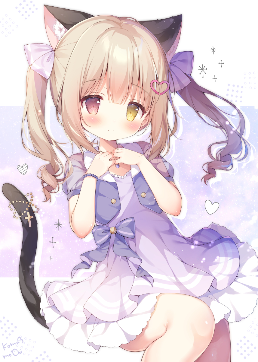 1girl animal_ear_fluff animal_ears bead_bracelet beads black_tail blush bow bracelet cat_ears cat_girl cat_tail closed_mouth cowboy_shot dress dress_bow hair_bow hair_ornament hands_up heart heart_hair_ornament heterochromia highres jewelry layered_dress leg_up light_brown_hair looking_at_viewer medium_hair momozu_komamochi original pendant petite purple_bow purple_dress red_eyes short_dress short_sleeves signature smile solo tail tail_raised twintails yellow_eyes