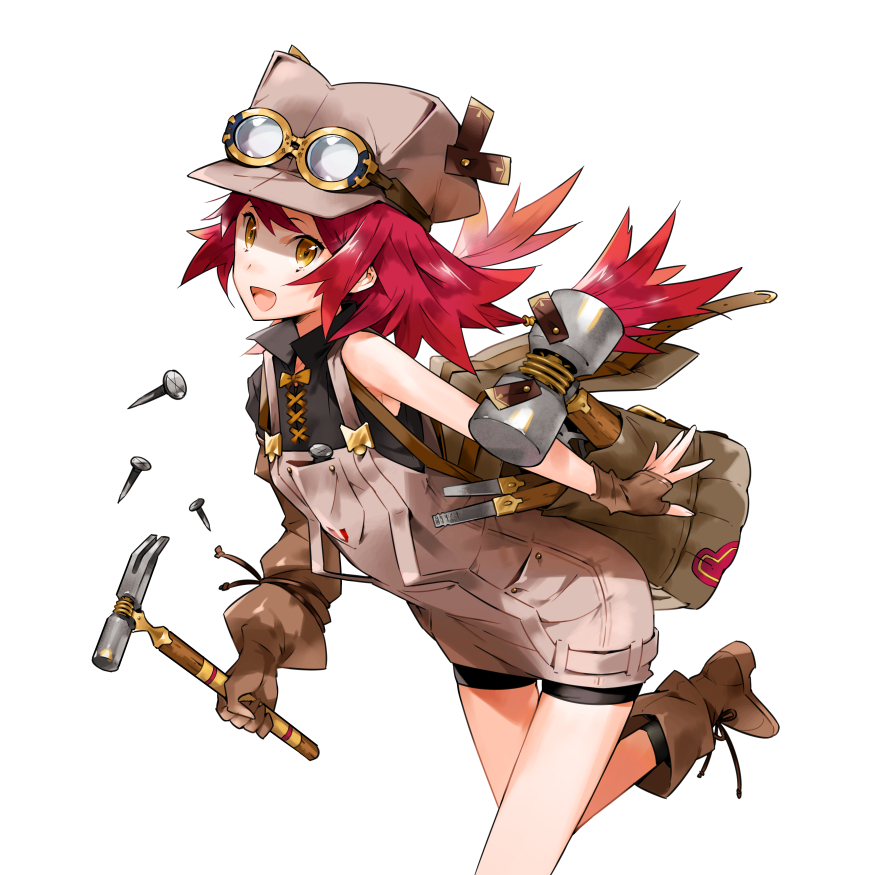 1girl :d asymmetric_gloves asymmetrical_gloves bad_id bad_pixiv_id bag boots bow character_request female_focus fingerless_gloves gloves goggles goggles_on_headwear hammer hat heart holding kyuusugi_toku leaning_forward leg_up long_hair looking_at_viewer low-tied_long_hair nail_(hardware) open_mouth overalls red_hair shorts shoulder_bag simple_background sleeveless smile solo suspenders ten_kurairakon_teikoku-gun tenkuu_no_craft_fleet uneven_gloves white_background yellow_bow yellow_eyes