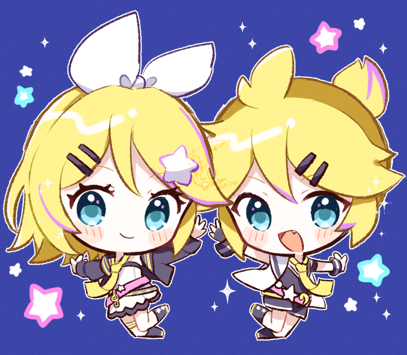 1boy 1girl aobahosino blonde_hair blue_background blue_eyes blush bow brother_and_sister chibi fang full_body hair_bow hair_ornament hairclip hand_up kagamine_len kagamine_rin necktie open_mouth ponytail short_hair short_ponytail siblings smile star_(symbol) star_hair_ornament star_symbol_background twins vocaloid white_bow yellow_necktie