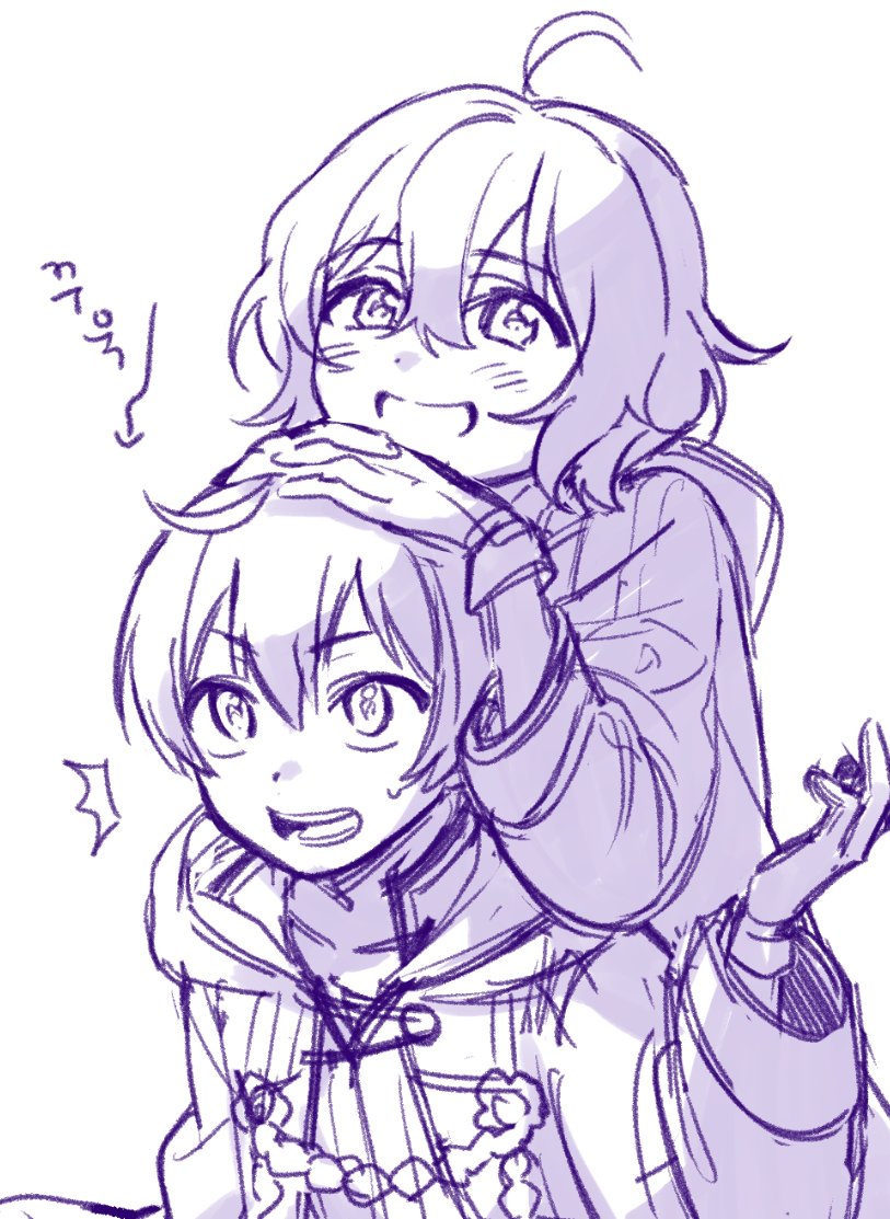 1boy 1girl ahoge baggy_clothes fire_emblem fire_emblem_awakening gloves hands_on_another&#039;s_head hood hooded_jacket jacket moch_ka_game morgan_(female)_(fire_emblem) morgan_(fire_emblem) morgan_(male)_(fire_emblem) nintendo sketch