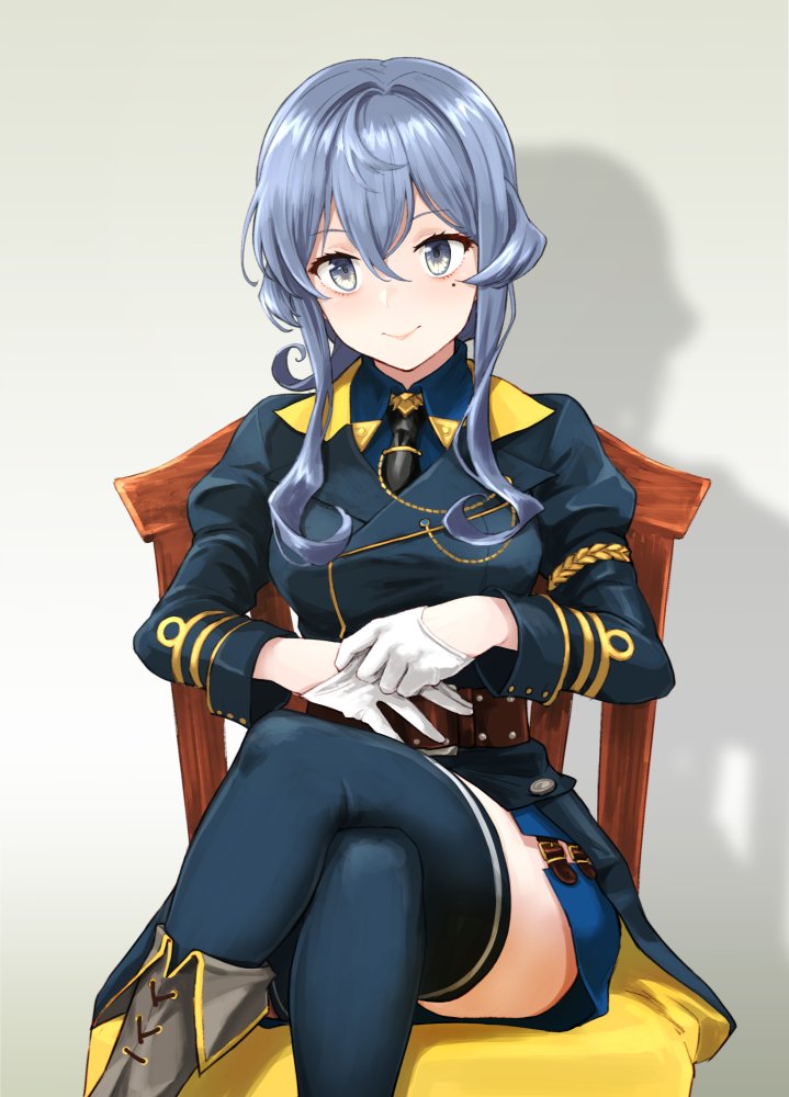 1girl black_necktie blue_eyes blue_hair blue_sailor_collar blue_skirt boots chair collared_shirt commentary_request commission cross-laced_footwear crossed_legs gloves gotland_(kancolle) gotland_andra_(kancolle) grey_footwear hair_bun half_gloves kantai_collection lace-up_boots long_hair looking_at_viewer mole mole_under_eye necktie sailor_collar shirt single_hair_bun sitting skeb_commission skirt solo thighhighs watanore white_gloves