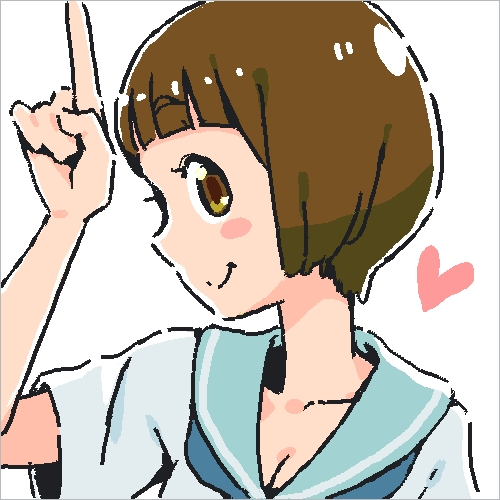 10s 1girl ammonio blush_stickers bob_cut breasts brown_eyes brown_hair cleavage female_focus heart index_finger_raised kill_la_kill lowres mankanshoku_mako school_uniform serafuku short_hair smile solo