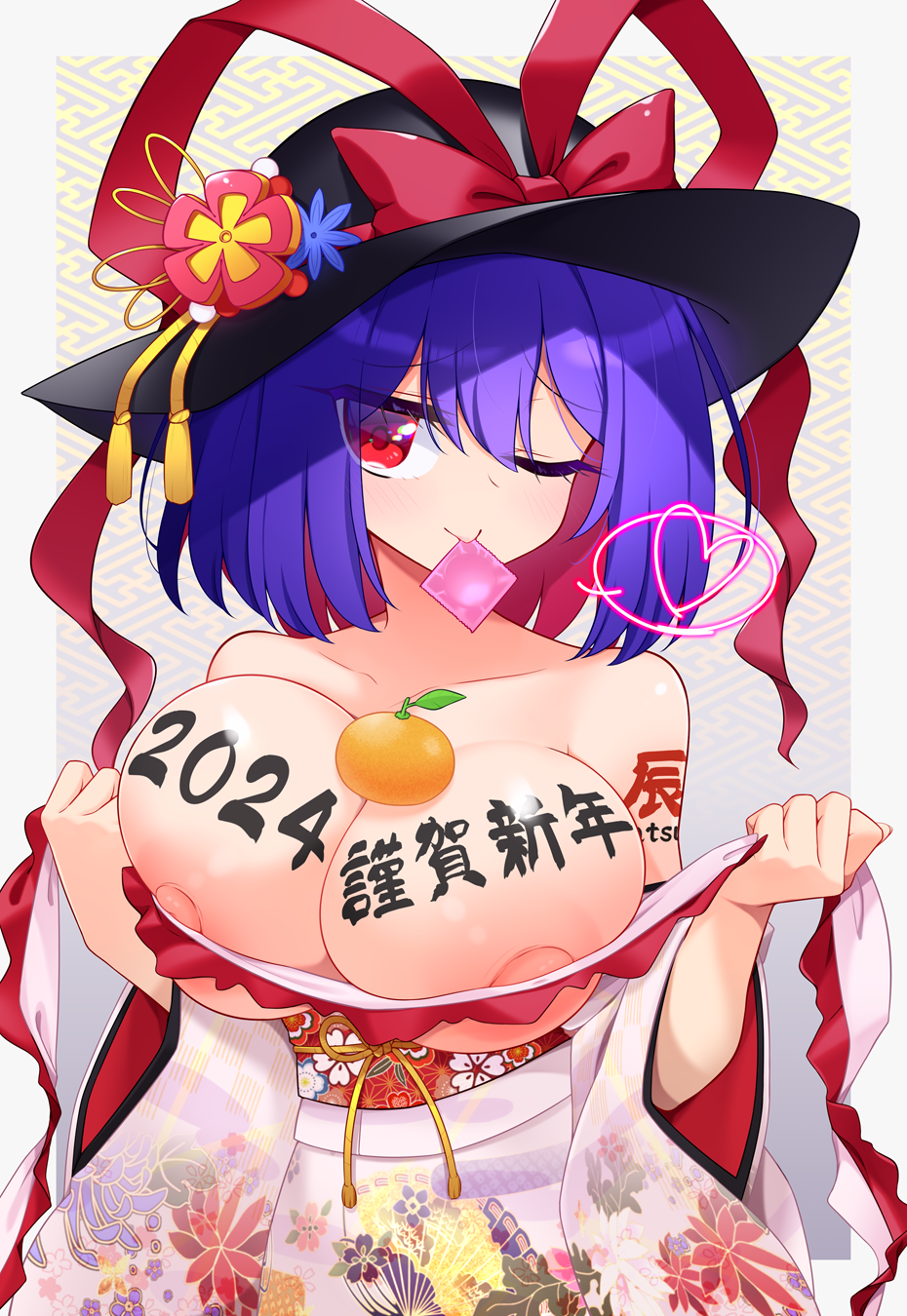 1girl 2024 ;) alternate_costume bare_shoulders breasts commentary_request condom condom_in_mouth fish floral_print floral_print_kimono flower food fruit hair_between_eyes happy_new_year hat hat_flower hat_ribbon heart highres japanese_clothes kimono large_breasts looking_at_viewer mouth_hold muchin_jousha nagae_iku new_year nipple_slip nipples one_eye_closed oppai_mochi orange_(fruit) print_kimono purple_hair red_eyes red_ribbon ribbon short_hair smile solo spoken_heart touhou translation_request upper_body variant_set