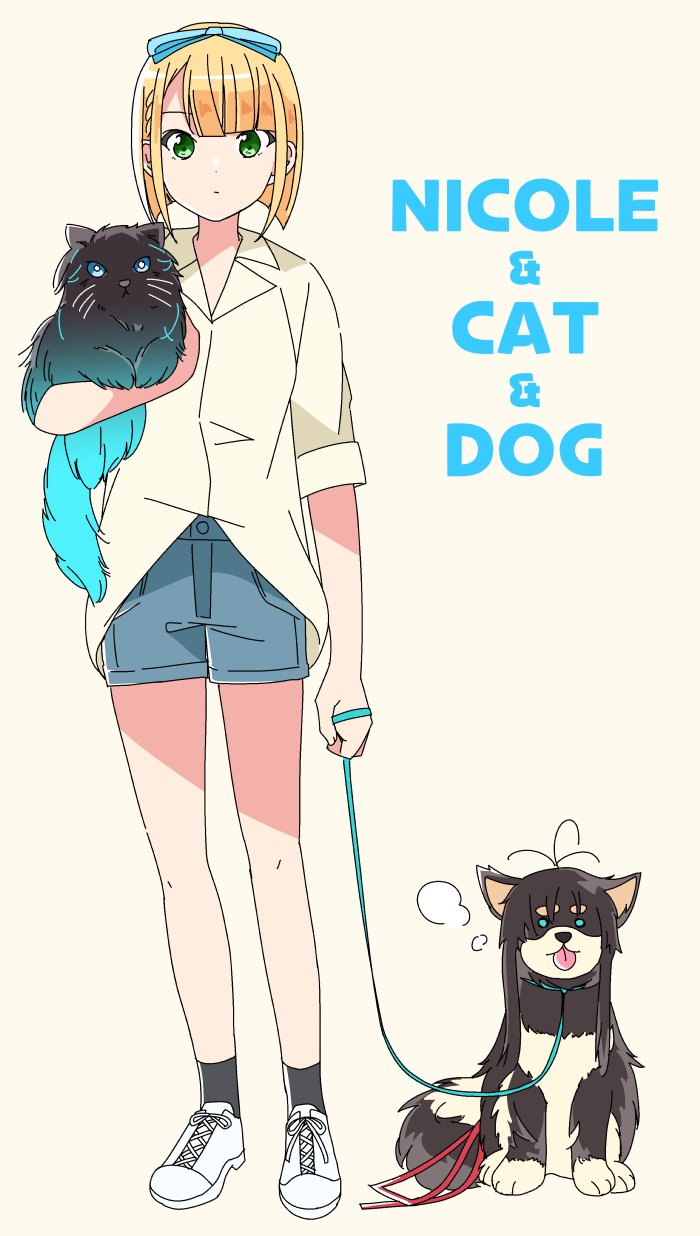 1girl 22/7 animal aqua_bow aqua_hairband asymmetrical_bangs black_socks blonde_hair blue_pants bob_cut bow bow_hairband cat closed_mouth dog full_body green_eyes hair_bow hairband highres holding holding_animal holding_cat holding_leash inverted_bob leash looking_at_viewer pants saito_nicole shirt short_hair sleeves_rolled_up socks solo standing trefle_r white_footwear white_shirt