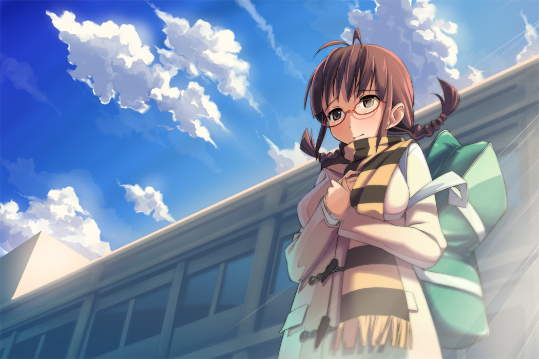 00s 1girl akizuki_ritsuko antenna_hair baakurou bag braid breasts brown_eyes brown_hair cloud coat day female_focus glasses idolmaster idolmaster_(classic) outdoors scarf short_hair sky solo twin_braids twintails