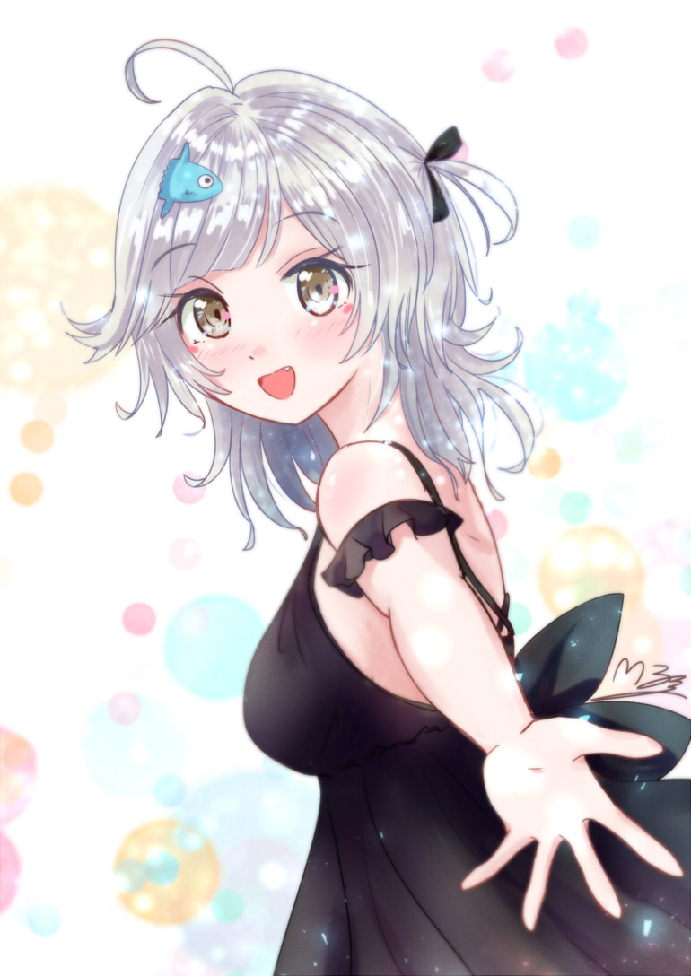 1girl ahoge alternate_costume azur_lane black_dress blush breasts commentary_request dress fish_hair_ornament grey_eyes grey_hair hair_ornament m_ko_(maxft2) open_mouth seattle_(azur_lane) short_hair signature sleeveless smile solo