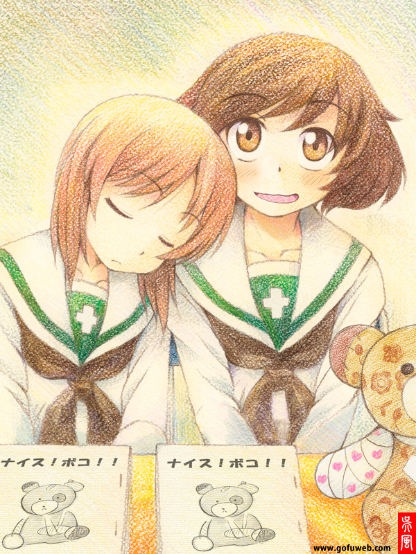 10s 2girls akiyama_yukari blush boko_(girls_und_panzer) brown_eyes brown_hair closed_eyes girls_und_panzer gofu multiple_girls nishizumi_miho ooarai_school_uniform open_mouth school_uniform serafuku short_hair sleeping stuffed_animal stuffed_toy teddy_bear watermark wavy_mouth web_address