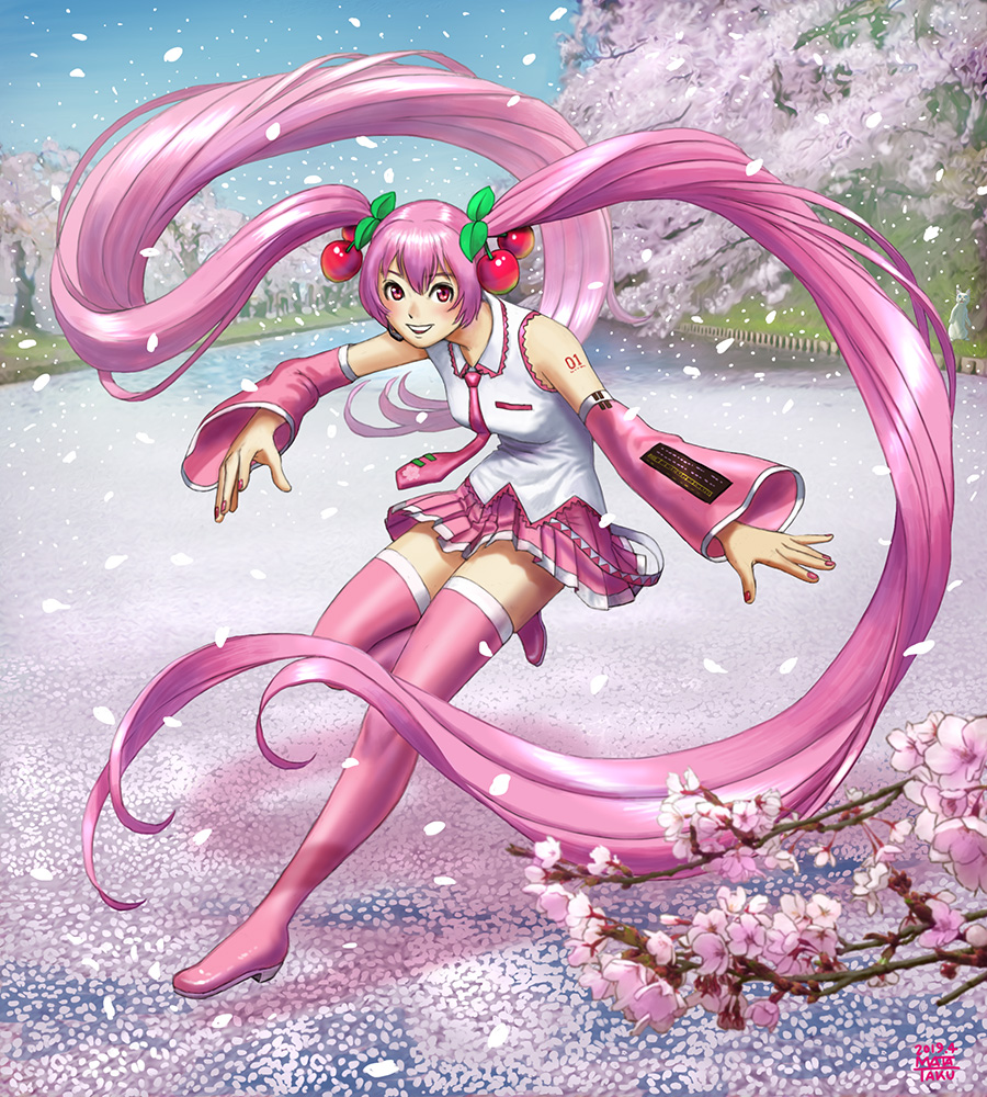 1girl alternate_color blue_sky boots cherry_blossoms cherry_hair_ornament collared_shirt detached_sleeves floating_hair flower food-themed_hair_ornament full_body hair_ornament hatsune_miku long_hair long_sleeves looking_at_viewer matataku nail_polish necktie outdoors parted_lips petals pink_eyes pink_flower pink_footwear pink_nails pink_necktie pink_skirt pink_sleeves plant pleated_skirt sakura_miku shadow shirt skirt sky sleeveless sleeveless_shirt smile solo standing thigh_boots thighhighs tree twintails very_long_hair vocaloid white_shirt