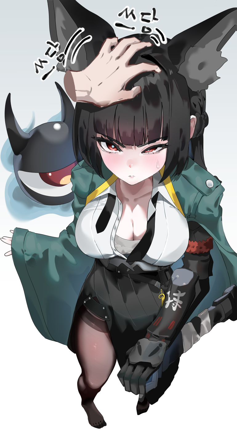 1girl 1other animal_ear_fluff animal_ears black_hair black_necktie black_pantyhose black_skirt blunt_bangs blush breasts cleavage dress_shirt fox_ears fox_girl full_body gauntlets green_jacket headpat high-waist_skirt highres hoshimi_miyabi jacket ktrh5482 long_hair looking_up necktie no_shoes pantyhose red_eyes shirt sidelocks simple_background skirt solo_focus sweatdrop tailless_(zenless_zone_zero) white_shirt zenless_zone_zero