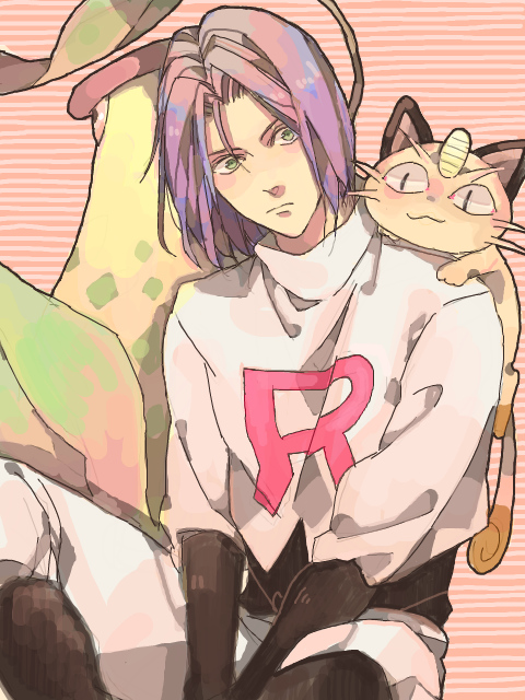 1boy boots creatures_(company) game_freak gen_1_pokemon gloves green_eyes james_(pokemon) male_focus meowth nintendo pokemon pokemon_(anime) pokemon_(creature) purple_hair striped_background team_rocket tegaki victreebel