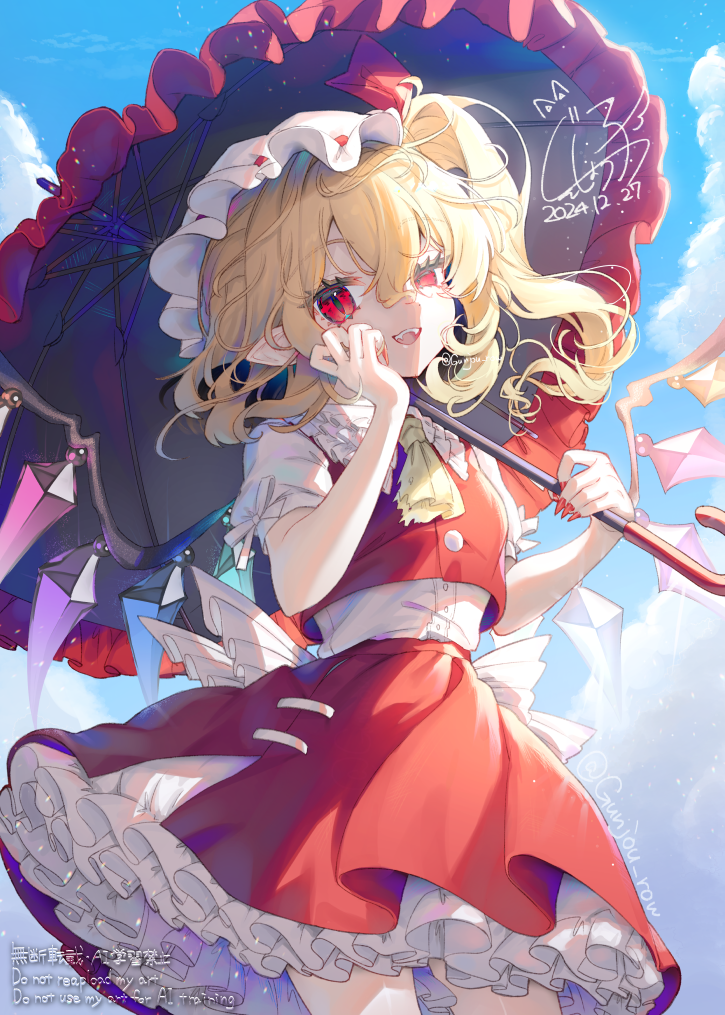 1girl ascot blonde_hair blue_sky cloud collared_shirt commentary_request cowboy_shot dated day fangs fingernails flandre_scarlet frilled_shirt_collar frills gunjou_row hair_between_eyes hand_up hat hat_ribbon holding holding_umbrella long_hair looking_at_viewer mob_cap one_side_up outdoors pointy_ears puffy_short_sleeves puffy_sleeves red_eyes red_nails red_ribbon red_skirt red_vest ribbon ryuuzaki_umi sharp_fingernails shirt short_sleeves signature skirt sky solo touhou twitter_username umbrella vest watermark white_hat white_shirt wings yellow_ascot