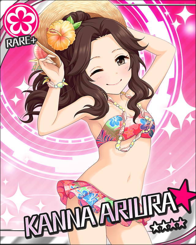 ariura_kanna bikini black_eyes blush brown_hair card_(medium) character_name food fruit idolmaster idolmastsr_cinderella_girls long_hair smile star_(symbol) swimsuit wink