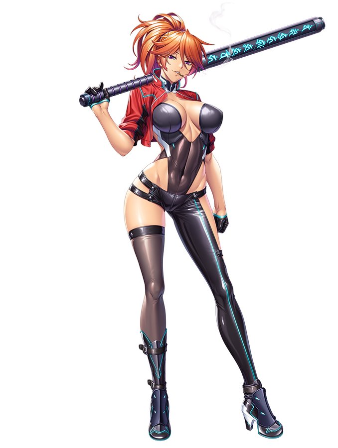 1girl baseball_bat black_gloves black_leotard breasts cara_the_blood_lord cleavage covered_navel curvy female_focus full_body gloves highleg highleg_leotard holding holding_weapon jacket kagami_hirotaka kamimura_azuma large_breasts leotard lilith-soft lips long_hair looking_at_viewer micro_shorts official_art ponytail shorts simple_background smile taimanin_(series) taimanin_rpgx weapon white_background wide_hips