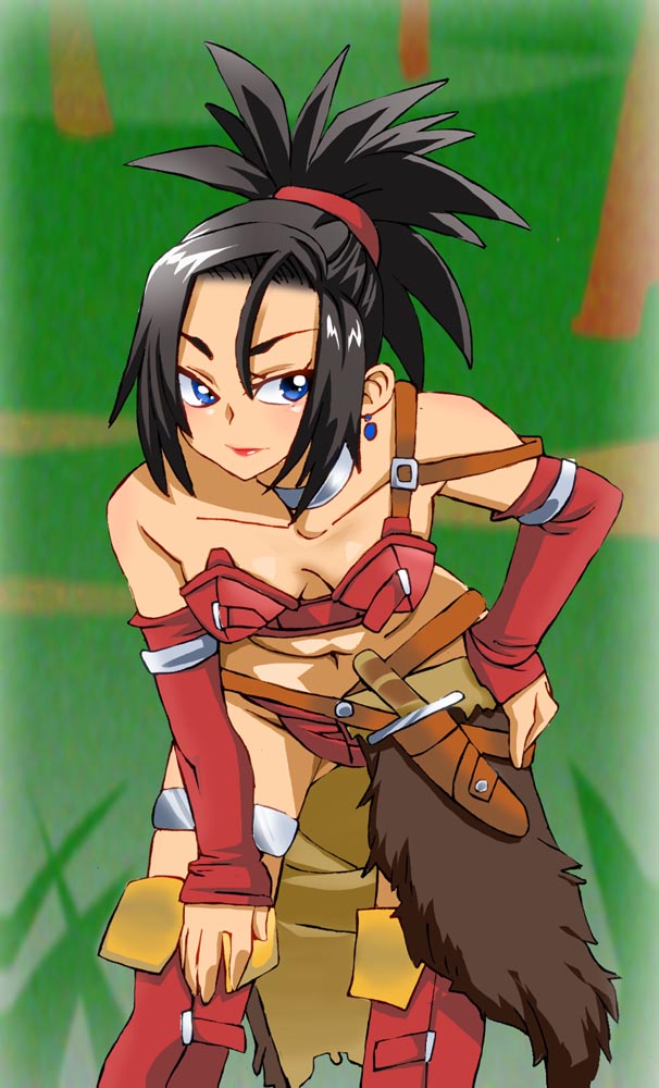 1girl bare_shoulders bent_over blue_eyes breasts brown_hair choker cleavage crop_top detached_sleeves dragon_quest dragon_quest_viii earrings female_focus jewelry leaning_forward lipstick looking_at_viewer makeup medium_breasts navel onnaski panties ponytail red_(dq8) red_thighhighs solo spiked_hair standing thigh_strap thighhighs underwear