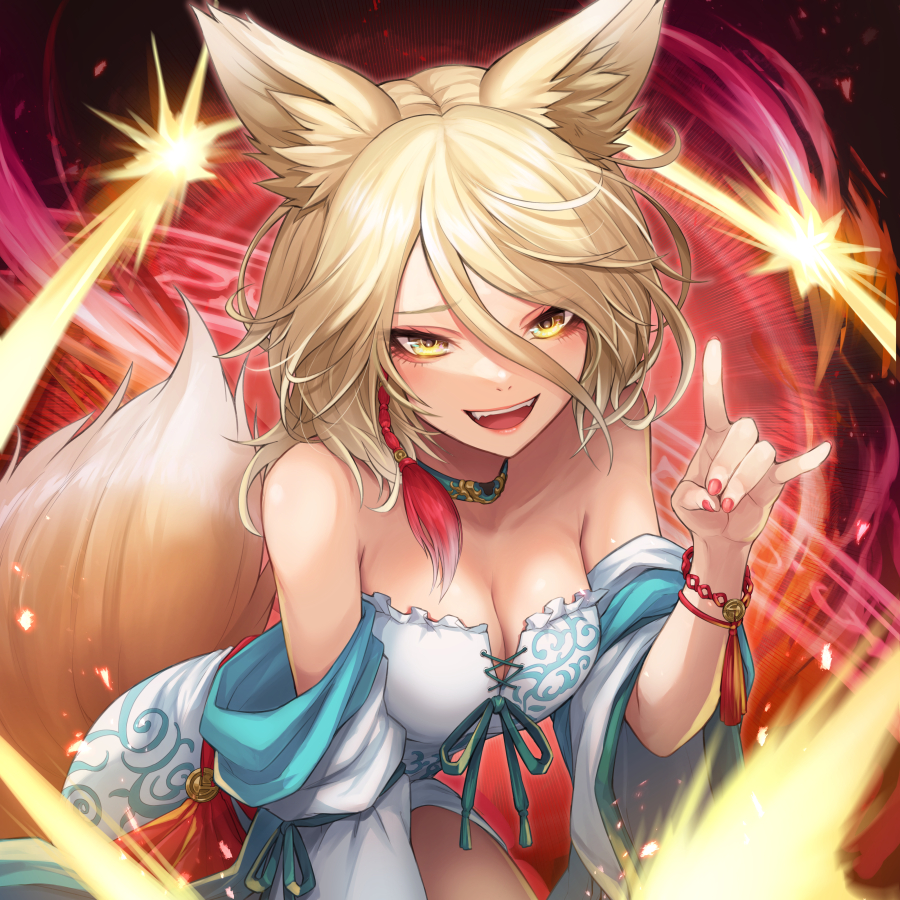 1girl alternate_costume animal_ear_fluff animal_ears bare_shoulders blonde_hair breasts cleavage comiket_103 dress fox_ears fox_girl fox_tail hair_between_eyes k2e-cradle kudamaki_tsukasa long_bangs looking_at_viewer open_mouth re_(re_09) red_nails short_hair smile solo tail touhou white_dress wide_sleeves yellow_eyes