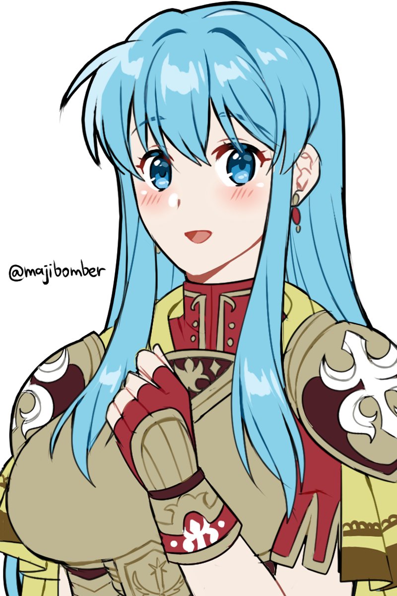 1girl :d aqua_eyes aqua_hair armor breastplate commentary earrings eirika_(fire_emblem) english_commentary fingerless_gloves fire_emblem fire_emblem:_the_sacred_stones fire_emblem_heroes gloves highres jewelry long_hair looking_at_viewer maji_(majibomber) nintendo open_mouth red_gloves shoulder_armor sidelocks smile solo twitter_username white_background