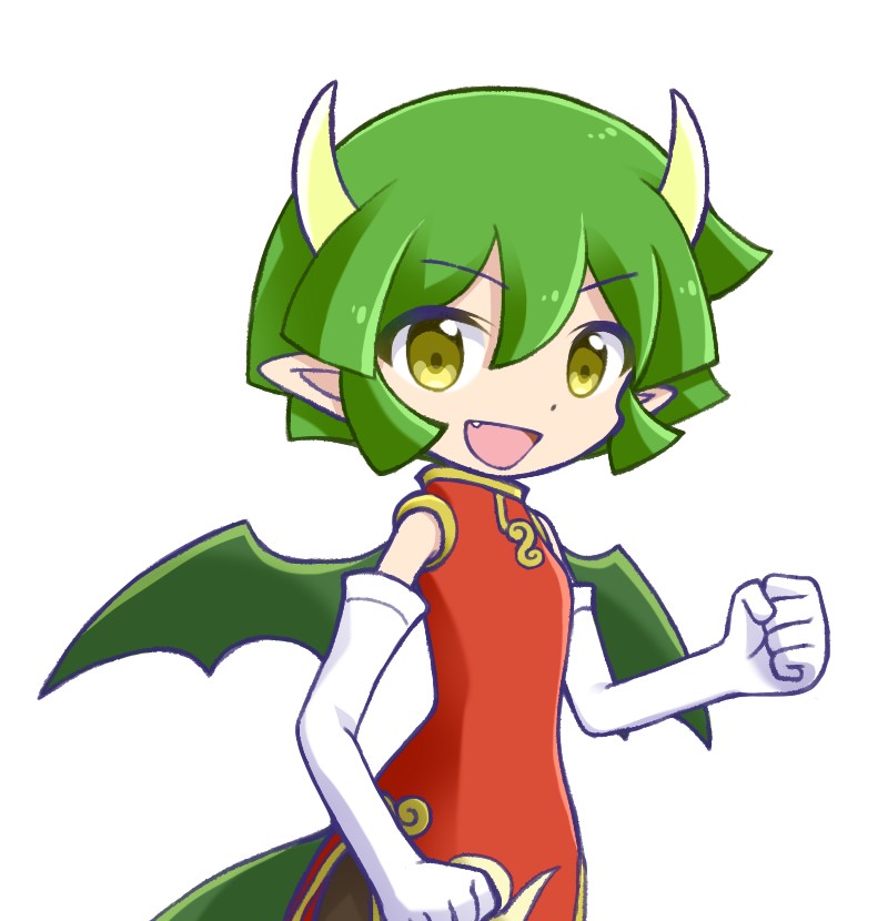 1girl china_dress chinese_clothes draco_centauros dragon_girl dragon_horns dragon_tail dragon_wings dress elbow_gloves fang gloves green_hair horns looking_at_viewer open_mouth pointy_ears puyopuyo red_dress short_hair smile solo tail takazaki_piko white_gloves wings yellow_eyes