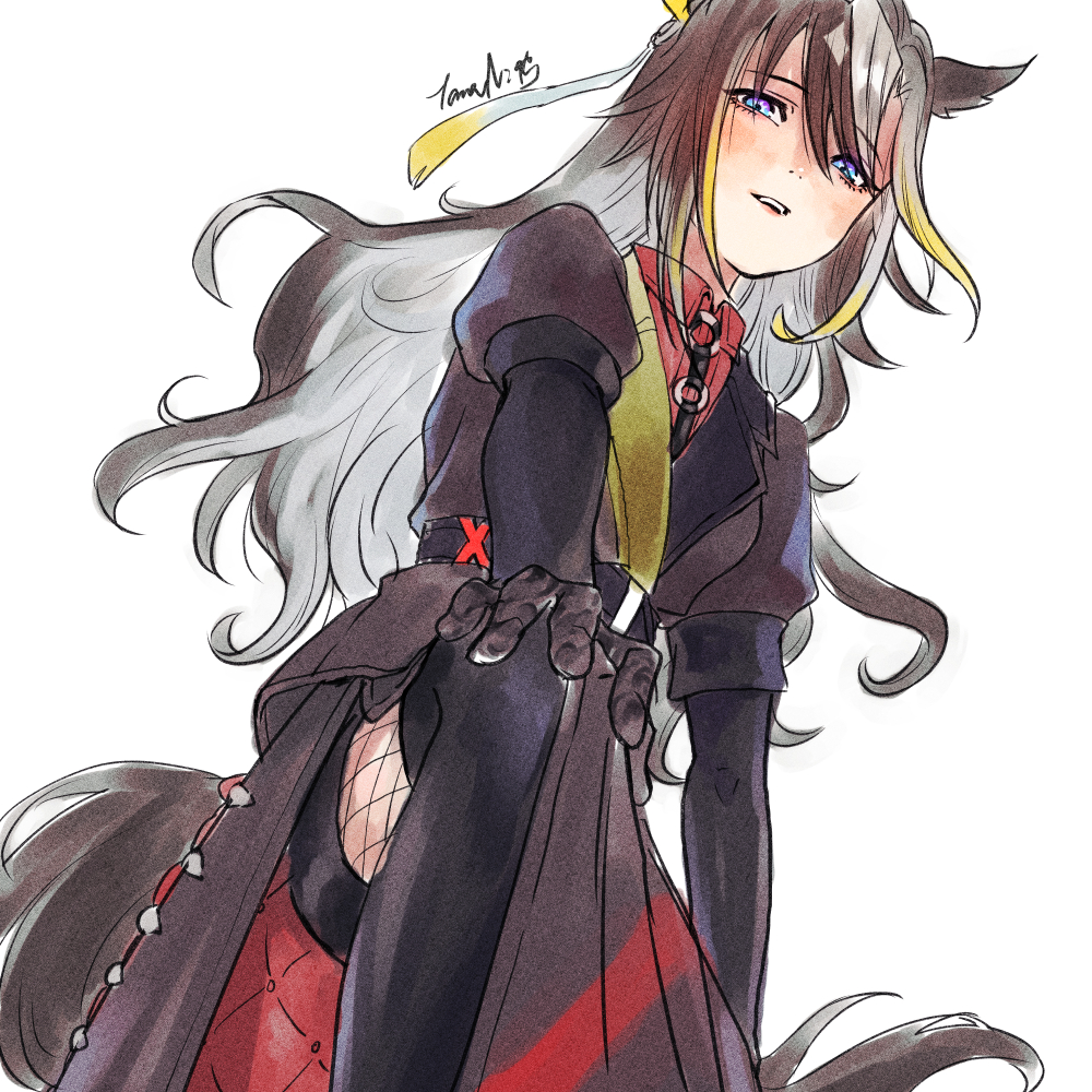 animal_ears artist_logo belt black_coat black_gloves black_shorts blue_eyes boots breasts brown_hair coat collared_shirt dream_journey_(umamusume) feet_out_of_frame fishnet_pantyhose fishnets gloves gradient_hair grey_hair hand_on_own_knee horse_ears horse_girl horse_tail juliet_sleeves logo long_hair long_sleeves looking_at_viewer looking_down multicolored_hair nishioki_tama no_eyewear open_mouth pantyhose puffy_sleeves red_shirt shirt short_shorts shorts signature simple_background small_breasts tail thigh_boots umamusume white_background white_hair