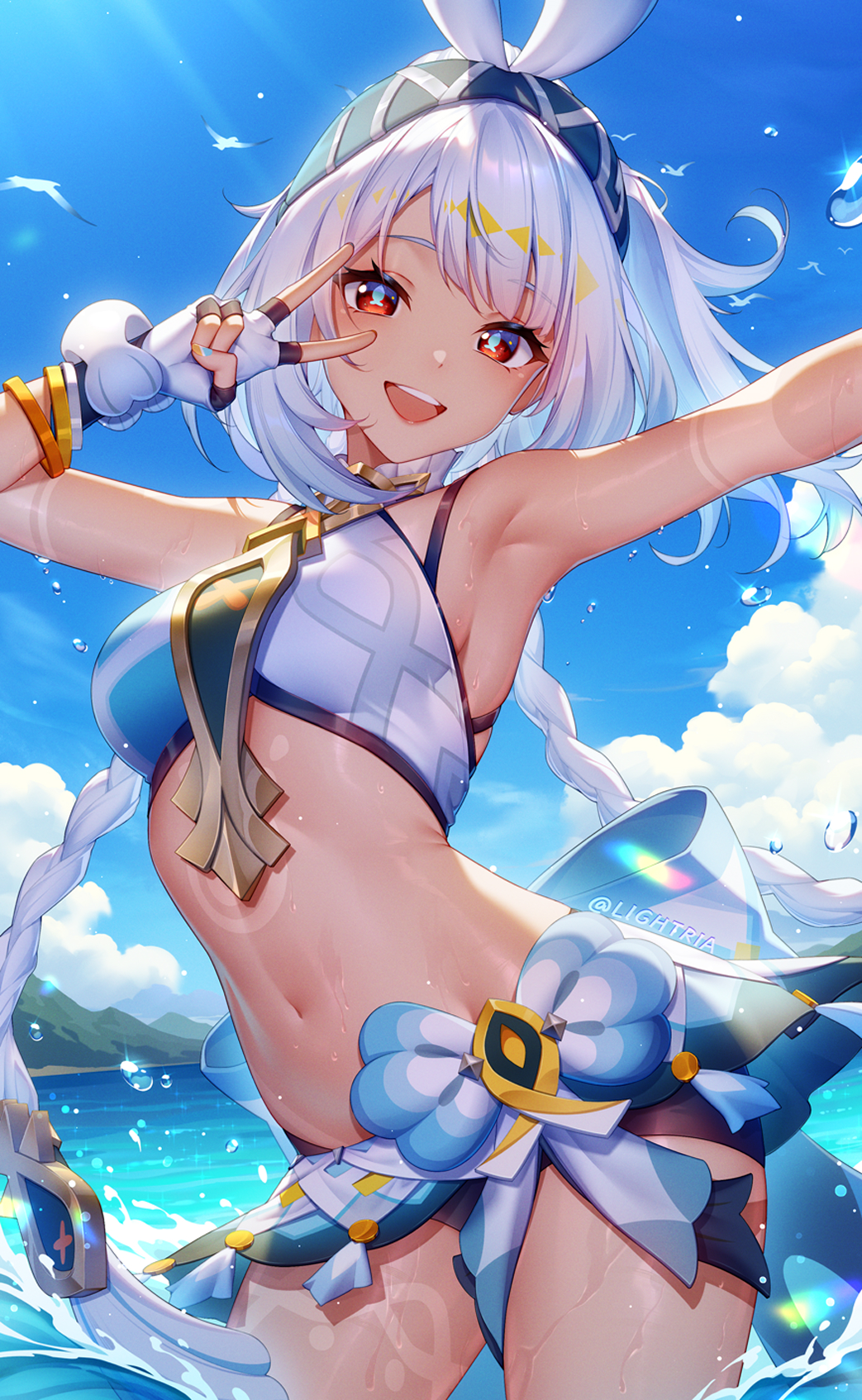 1girl :d arm_up armpits bare_shoulders blue_sky braid breasts chinese_commentary cloud commentary_request cowboy_shot crop_top dark_skin day fingerless_gloves genshin_impact gloves grey_hairband hairband hand_up highres lightria long_hair looking_at_viewer medium_breasts midriff mualani_(genshin_impact) navel open_mouth red_eyes sky smile solo standing stomach thighs v v_over_eye very_long_hair wading water white_gloves white_hair