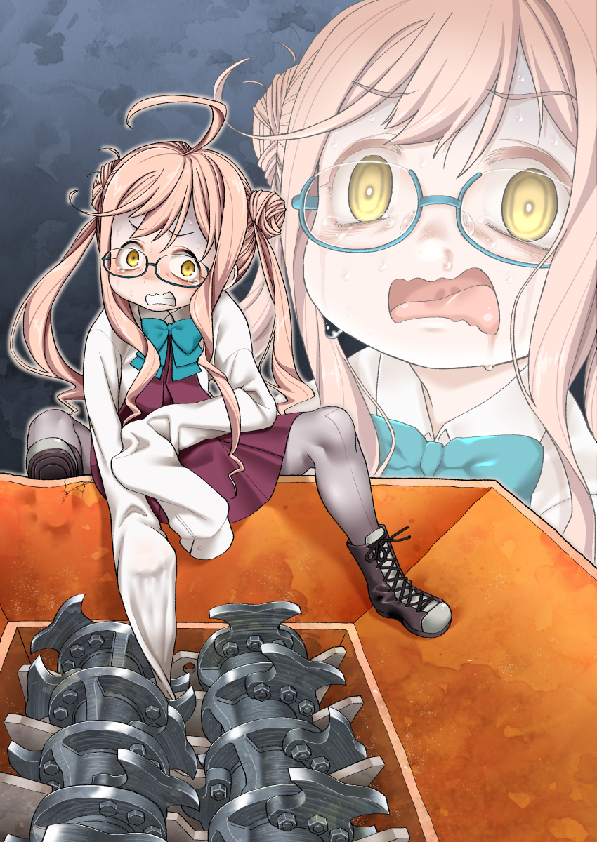 1girl ahoge blonde_hair boots bow bowtie clenched_teeth commentary double_bun dress glasses hair_bun harukaze_unipo highres industrial_shredder kantai_collection long_hair makigumo_(kancolle) multiple_views open_mouth pantyhose scared sleeves_past_fingers sleeves_past_wrists tearing_up teeth very_long_sleeves yellow_eyes